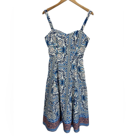 Avec Les Filles Blue Mediterranean Tile Sweetheart Midi Dress Coastal Resort 6 - Picture 2 of 13